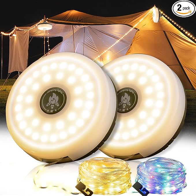 2-Pack Camping String Lights - 4 in 1 Outdoor Camping Lantern with 8 Lighting Modes(32.8Ft), Quick 30s Recovery, Waterproof, Type-C Fast Charging, Portable Camping Lights for Camping/Yard/Hiking