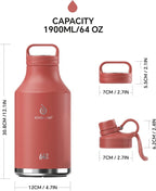 IDEUS Insulated Stainless Steel Water Bottle with 2 Leak-Proof Lids, Thermal Water Flask for Hiking Biking, 64oz, Red