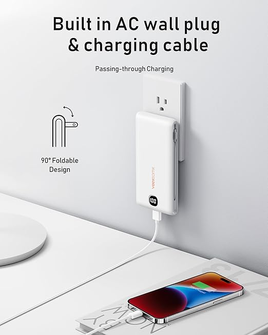 VEEKTOMX Portable Charger with Built in Cables 10000mAh, Power Bank for iPhone with Wall Plug, Travel Essential Fast Charging USB C Slim External Battery Pack for iPhone16/15/14, Samsung, iPad, etc