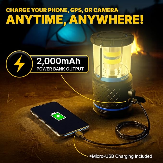 LUXPRO Rechargeable Dual-Power 1100 Lumen LED Lantern for Up to 150 Hours of Use - Camping Lantern with Built-in Power Bank - Dimmable LED Light with IPX4 Water-Resistant Rating (Camping Lantern)