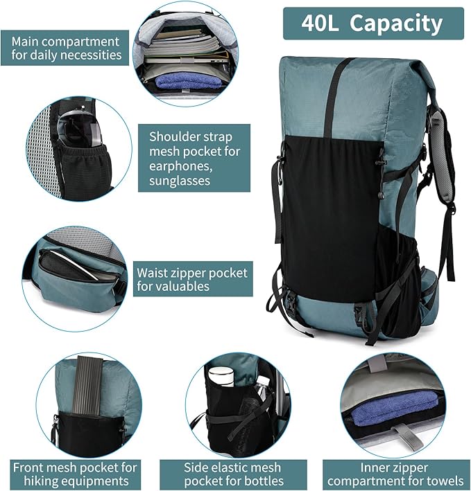 Hiking Backpack,30L +10L Extra Large Capacity Hiking Bag,Internal Frame Camping Backpack,Upgraded X-PAC Lightweight Sport Daypack Travel Backpacks Fit For Mountain Climbing Camping (Grey Green)