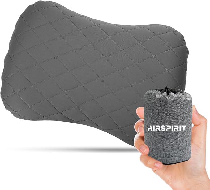 AIRSPIRIT Inflatable Camping Pillow Ultralight Adjustable Firmness, TPU Travel Pillow for Neck & Lumbar Support, Hiking, Backpacking, Airplane, Car Travel & Beach with Removable Washable Cover (Grey)