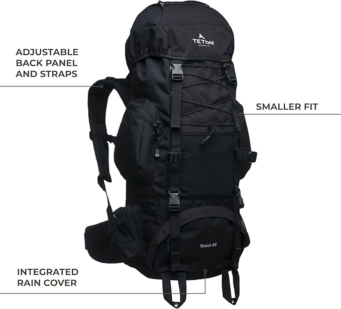 TETON 55L Scout Internal Frame Backpack for Hiking, Camping, Backpacking, Rain Cover Included