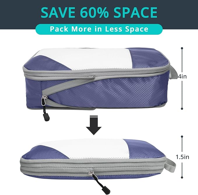 9 Set Compression Packing Cubes for Travel - Compressible, Lightweight, and Space-Saving Packing Cubes, Travel Essentials for Women, Bluish Purple