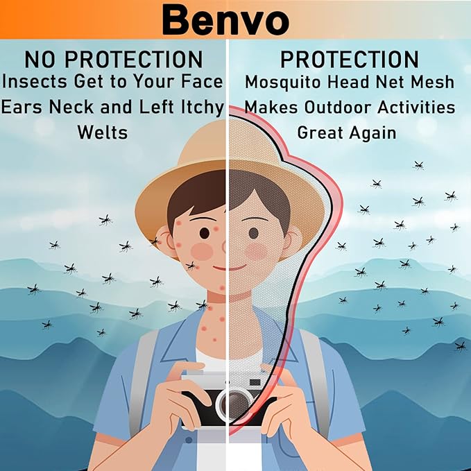 Benvo Mosquito Head Net Mesh, Face Neck Fly Netting Hood from Bugs Gnats Noseeums Screen Net for Any Outdoor Lover- with Carry Bags Fits Most Sizes of Hats Caps (2pcs, Black and Grey, Updated Big Net)