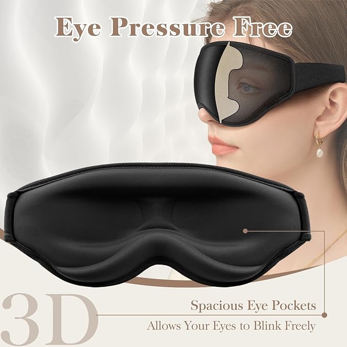 3D Cooling Eye Mask Sleep Mask for Men & Women, 100% Pressure-Free & Light Block-Out Eye Mask for Sleep with Easy Adjustable Strap, Night Eye Cover for Travel, Black