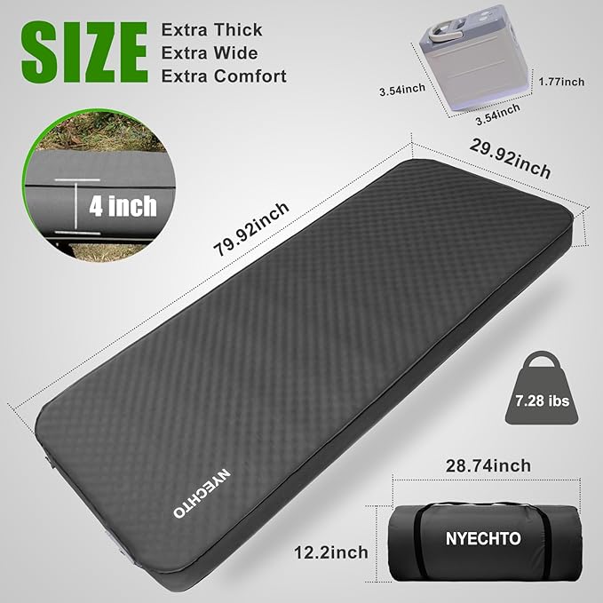 Self Inflating Sleeping Pad for Camping, 4" Extra-Thick Memory Foam Camping Mattress with Electric Pump, Fast Inflate & Deflate, 9.5 R-Value Insulated Camping Pad for Car Travel Tent Cot, Grey