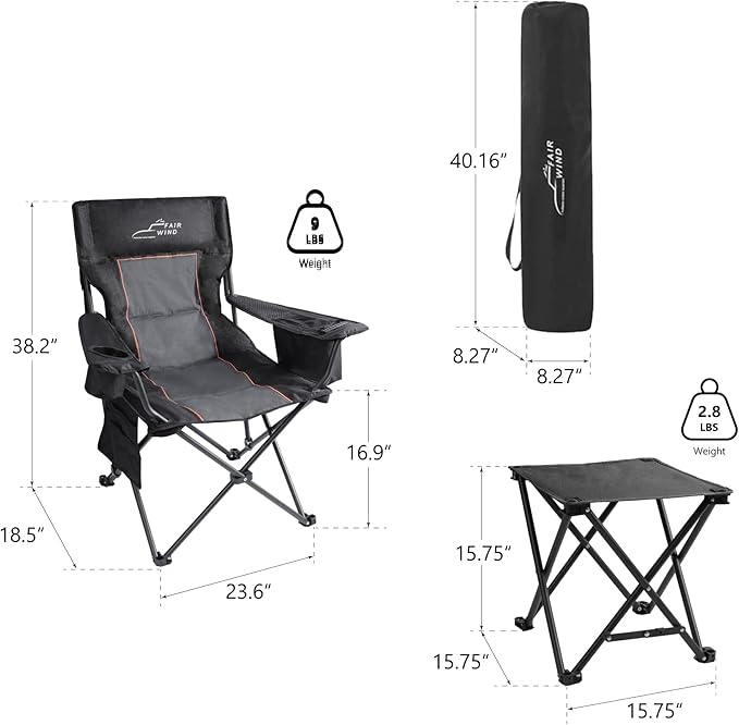 FAIR WIND Oversized Padded Camping Chair with Footrest Stool Set Heavy Duty Support 300 LBS Cooler Bag Chair - Black