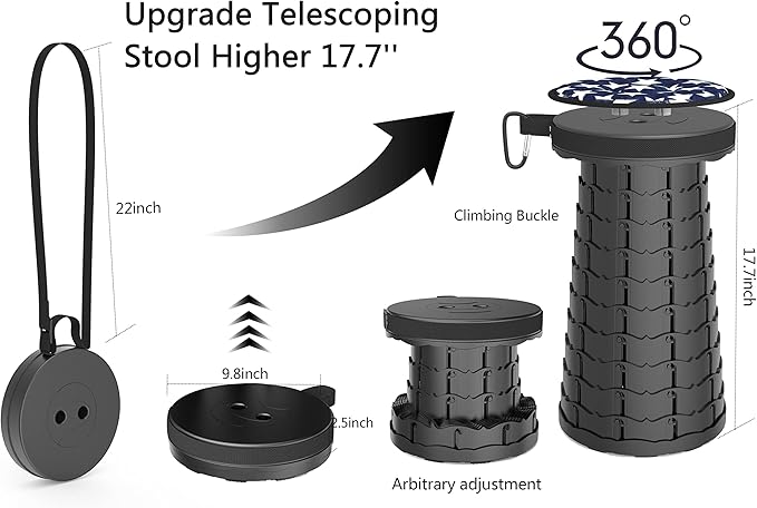 ALEVMOOM Telescoping Stool with Cushion, Collapsible Retractable More Sturdy Capacity 440Ib, Portable Camping Adjustable Folding Stool for Garden Fishing Hiking Mountain BBQ