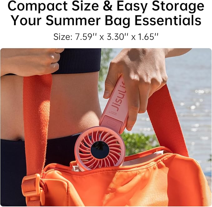 JISULIFE Handheld Fan Life7 – Ultimate Flexibility: High-Power Motor, LED Display, 19.5 Hrs Cooling, 5000mAh Rechargeable, 5-Speed, Foldable Design, 3-IN-1 Portable Fan for Travel Cruise Beach(Pink)