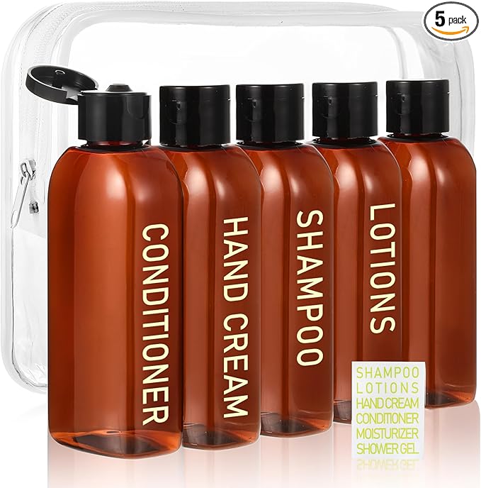 5 Pack Travel Bottles for Toiletries, 3.4oz TSA Approved Travel Size Containers, Leak Proof Refillable Travel Accessories for Shampoo Conditioner, Plastic Travel Bottles with Toiletry Bag and Label.