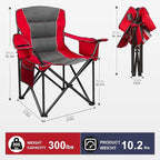 Colorsoul Oversized Folding Camping Chair, Outdoor Padded Camping Chair Support 300 LBS with Cup Holder and Cooler Bag, Portable Lawn Chair for Beach Picnic Sports, (Red)