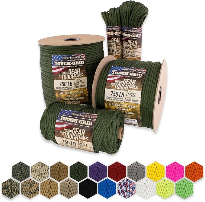 TOUGH-GRID Paracord Rope 750 lbs Nylon Parachute Cord, Made in USA Survival Kit, Outdoor Adventures, Camping, Tactical Gear & Emergency Supplies, Military Type IV Mil-Spec