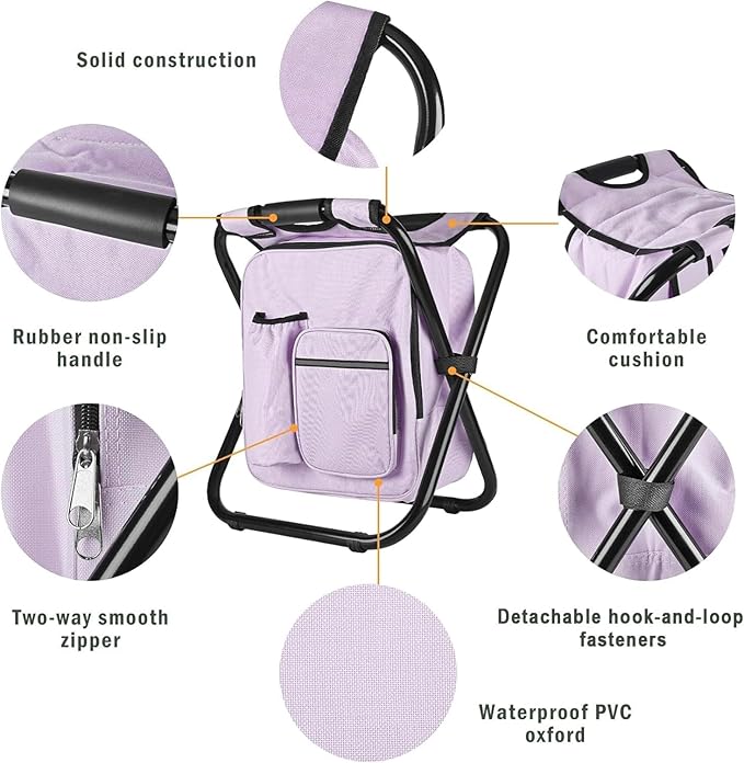Kikerike Backpack Stool Cooler Chair Heavy Duty 400 LBS Max Load Portable Lightweight Stool Backpack Folding Fishing Cooler Seat for Camping Hunting Fishing - Pale Amethyst