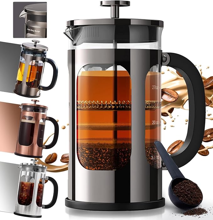 BAYKA French Press Coffee Maker, Large 304 Stainless Steel Coffee Press, Cold Brew Heat Resistant Thickened Borosilicate Coffee Pot for Camping Travel Gifts, 34 Ounce, Dark Pewter