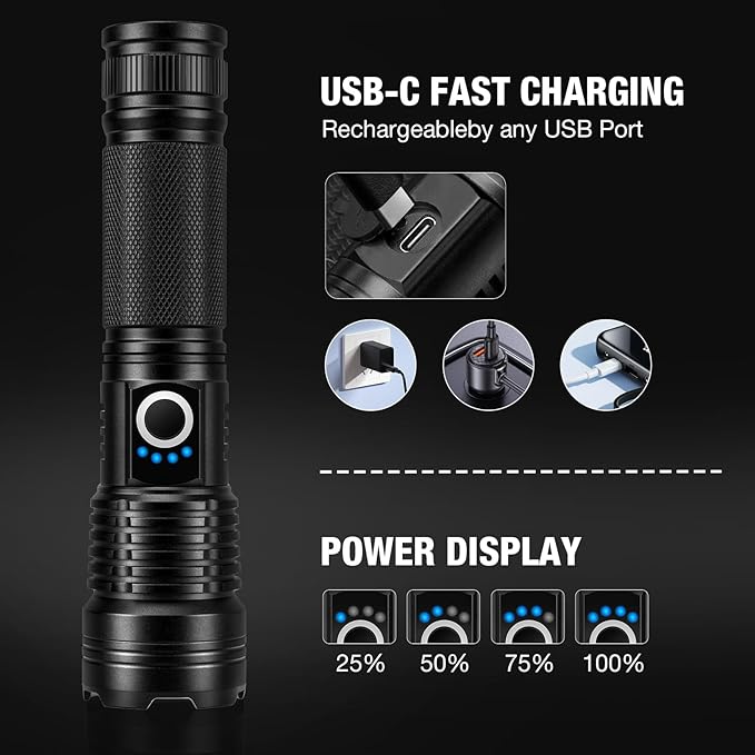 Rechargeable Flashlights 90,000 High Lumens - 2 Pack, Super Bright LED Flashlight Rechargeable with 5 Light Modes, High Powered & IPX7 Waterproof Flash Light for Camping, Home