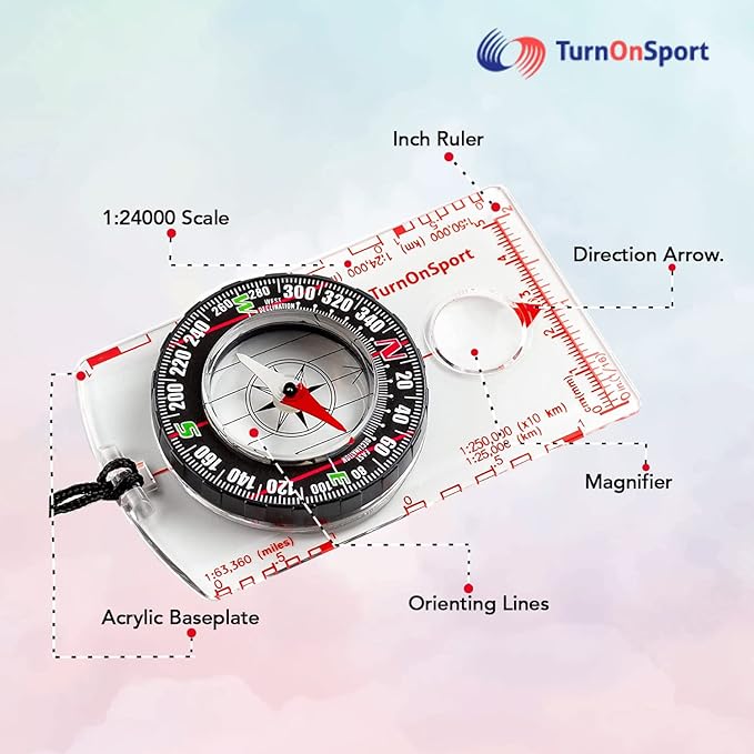 TurnOnSport Orienteering Compass - Advanced Scout Compass for Hiking, Camping, and Backpacking - Best Survival Gifts for Kids
