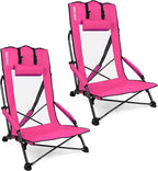 SPORT BEATS Low Beach Chairs Set of 2 Folding Beach Chairs High Back Support with Head Pillows Shoulder Straps