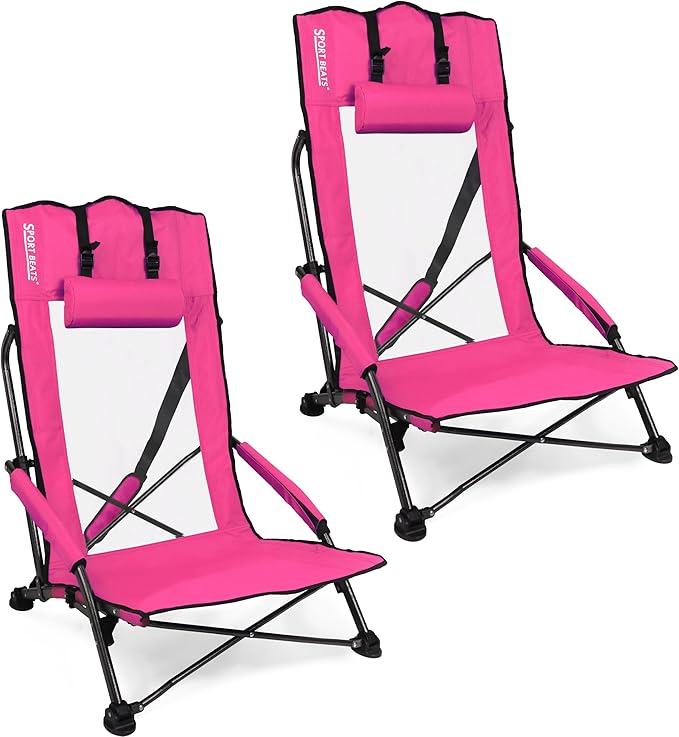 SPORT BEATS Low Beach Chairs Set of 2 Folding Beach Chairs High Back Support with Head Pillows Shoulder Straps