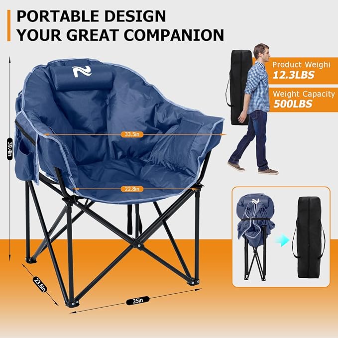 LILYPELLE Oversized Heated Camping Chair, Patio Lounge Chairs with 3 Heat Levels, Portable Folding Heated Chair Round Moon Saucer Folding Lawn Chair Outdoor Chair for Camping, Lounge Patio