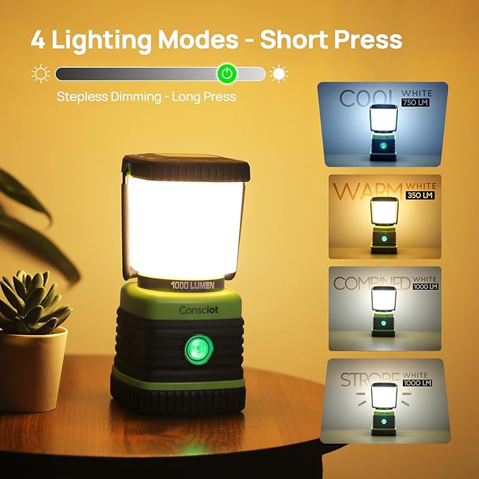 LED Camping Lantern Rechargeable, Consciot Camping Lights, 1000LM, 4 Light Modes, 4400mAh Power Bank, IPX4 Waterproof Tent Lights, Dimmable Flashlight for Emergency, Power Outages, USB Cable Included