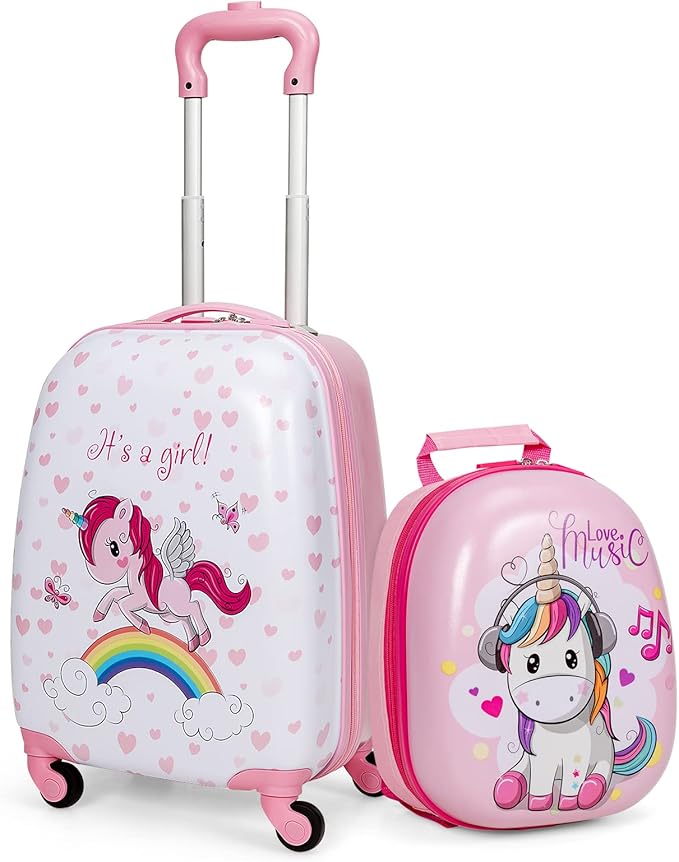 Goplus 2PC Kids Luggage, 12" & 16" Kids Carry On Luggage Set with 4 Spinner Wheels, Lightweight Rolling Spinner Suitcase for Children Toddlers Boys and Girls Travel