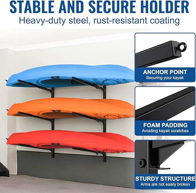 Kayak Storage Rack, Heavy Duty Freestanding Kayak Rack for Garage and Outdoor Storage, Kayak Stand Adjustable for Kayak, Canoe, Surfboard and Paddle Board