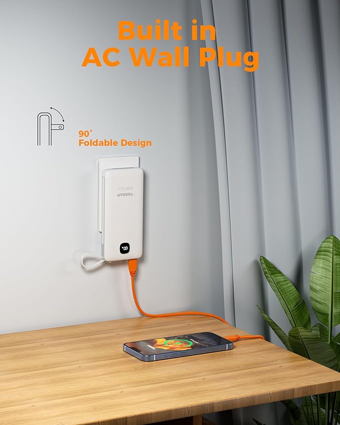 TESSAN Portable Charger with Built in Cables, 10000mAh Power Bank Fast Charging with Foldable Wall Plug Charger, 20W Compact Battery Pack Travel Essentials for iPhone 16/15 Series, Samsung, Tablets