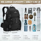 Maelstrom Hiking Backpack, 40L Waterproof Camping Daypack for Men and Women, Lightweight Travel Pack with Rain Cover-Black