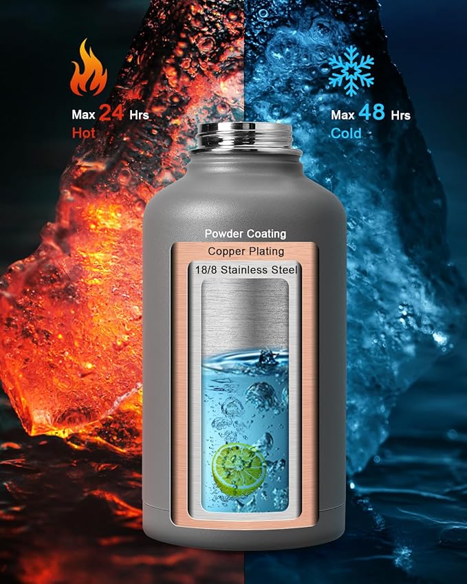 Insulated Water Bottle, 64 oz Stainless Steel Water Bottles with Straw, Leak Proof & BPA Free, Reusable Jug Thermo Flask for Outdoor Sports Gym Camping, Grey