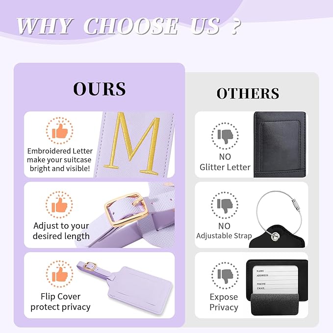 Personalized Initial Luggage Tags for Suitcase, Purple Leather Cute Luggage Tags with Privacy Cover Name Card, Embroidered Custom Monogrammed Luggage Tag Travel Backpack Tags Gifts for Women Kids(M)