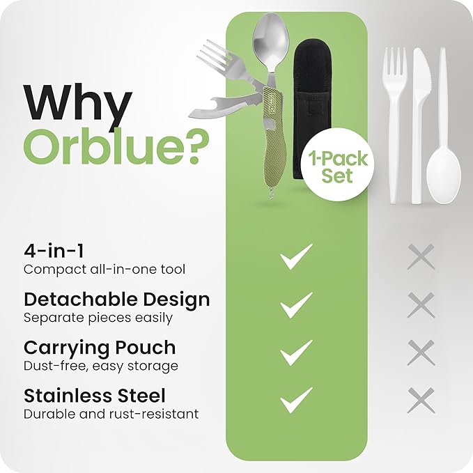 Orblue 4-in-1 Camping Utensils, 1-Pack, Portable Stainless Steel Spoon, Fork, Knife & Bottle Opener Combo Set - Travel, Backpacking Cutlery Multitool Olive Green