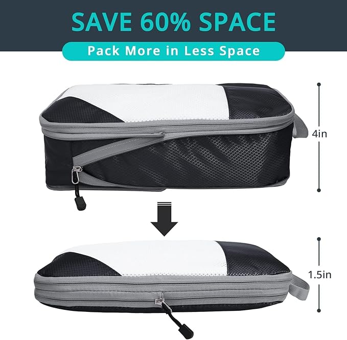 7 Set Compression Packing Cubes for Travel - Compressible, Lightweight, and Space-Saving Packing Cubes, Travel Essentials for Women, Black