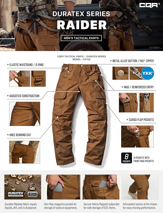 CQR Men's Tactical Pants, Water Resistant Ripstop Cargo Pants, Lightweight EDC Work Hiking Pants, Outdoor Apparel
