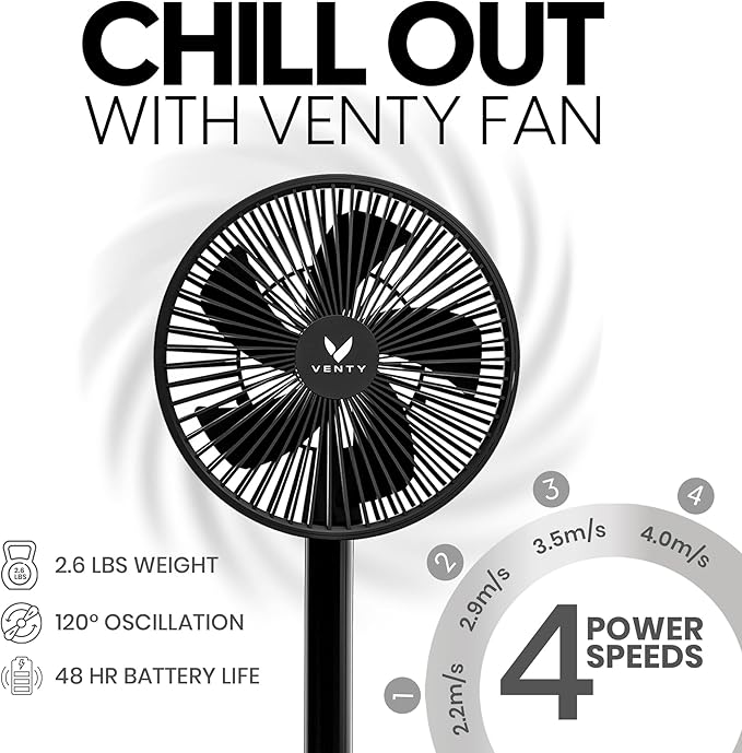 VENTY Portable Fan - Wireless Battery Operated Fan - 4 Speeds - LED Lighting - Carry Case & Remote Control - Cruise Travel - Outdoor Travel RV Power Bank With USB-C Port (Black with Case)