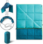UNIKOME Outdoor Packable Camping Blanket, Lightweight Travel Blanket, Dual-Sides Waterproof Puffy Down Alternative Blanket with Snap Clasps, 75"×52", Lake Blue&Sky Blue