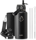 BUZIO Stainless Steel Water Bottle (Cold for 48 Hrs, Hot for 24 Hrs), 32 oz Vacuum Insulated Water Bottle with Straw Lid and Flex Cap (Double Wall, Wide Mouth, BPA Free, Leak Proof), Black