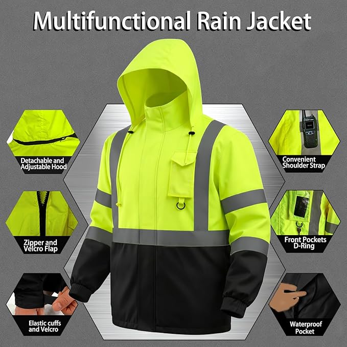 Hi Vis Class 3 Safety Rain Jacket for Men Waterproof, Reflective High Visibility Rain Gear Construction Rain Suit (Yellow-Black L/XL)