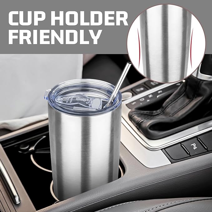 20 oz Tumbler with Lids and Straws, Stainless Steel Insulated Travel Coffee Mug, Double Wall Vacuum Insulated Tumblers, Powder Coated Coffee Tumbler for Cold & Hot Drinks (Silver, 4pack)