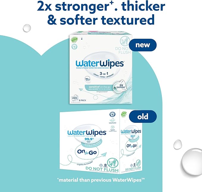 WaterWipes Sensitive+ On The Go Wipes, 3-In-1 Cleans, Cares, Protects, 99.9% Water, Unscented & Hypoallergenic Wet Wipes, 224 Count (8 Packs)