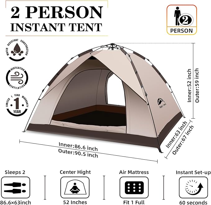 Happy Travel 1/2/3/4 Person Camping Tent, Instant Easy Pop Up Tents for Camping,Automatic Waterproof Family Camping Tent, Easy Set Up Tent,Portable Windproof Dome Tent for Camping Hiking & Traveling
