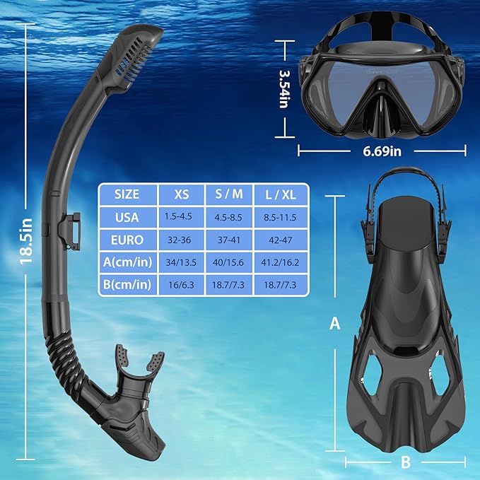 Snorkeling Gear for Adults, Mask Fin Snorkel Set, Dry Top Snorkel, Snorkeling Kit Travel Diving Package, Panoramic View Anti-Fog Anti-Leak Adjustable Swim Fins