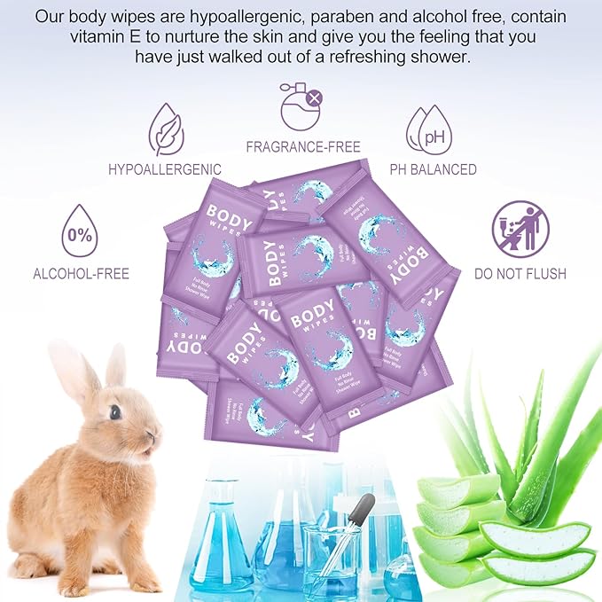 Treela 300 Pcs Bulk Deodorant Large Body Wipes Individually Wrapped Wet Wipes Travel Size for Adults Shower for Homeless Supplies Hygiene Personal Cleansing for Hiking Gym(7.09" X 9.84",Purple)