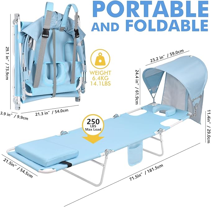 Backpack Beach Tanning Chair with Canopy and Face Hole, 6-Position Folding Lay Out Lounge Chair, UPF 50+ Wind-Resistant Sun Shade, Portable Recliner for Sunbathing, Outside, Poolside, Lawn, Patented