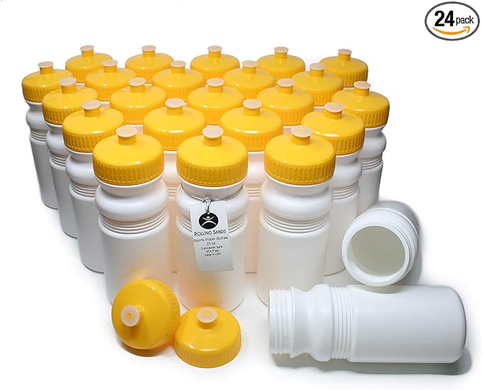 Rolling Sands USA Made 20 Ounce Sports Water Bottles - 24-Pack Bulk BPA-Free Blank Sports Bottles for Teams & Classrooms - White Bottle/Yellow Lid, No Smell No Taste