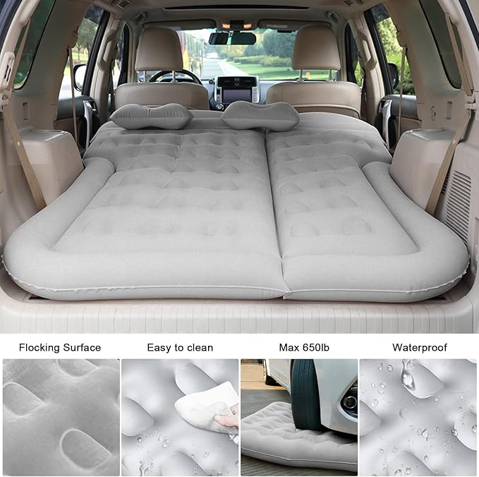 ISWEES Car Bed SUV Air Mattress, Car Air Mattress with Home Power Adapter, Electric Pump, 2 Inflatable Pillows and 2 Footrests for Back Seat, Side Seat,Trunk Sleeping, Thickened Camping Bed - Grey