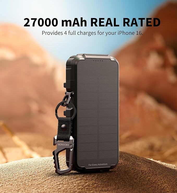 Dexnor Solar Charger Power Bank 27,000mAh, 65W PD3.0 & QC3.0 Fast Charging Powerbank External Battery Pack Portable Wireless Chargers with Flashlight and Carabiner, Compatible with MagSafe & Qi
