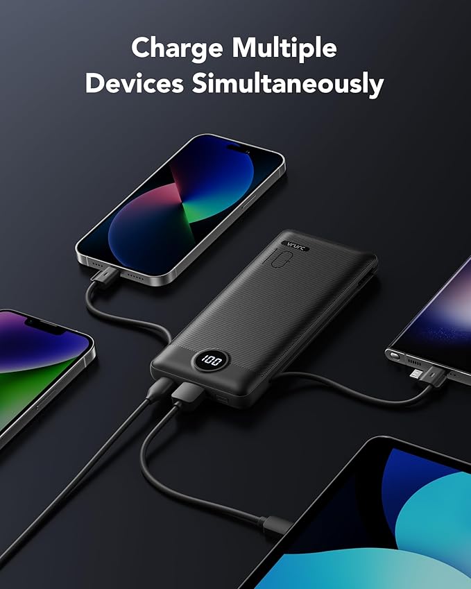 VRURC Portable Charger with Wall Plug, 10000mAh Slim Portable Charger Built in Cables,PD 20W Fast Charging Power Bank with Cords,USB C Portable Phone Charger Travel Accessories -Black(1 Pack)