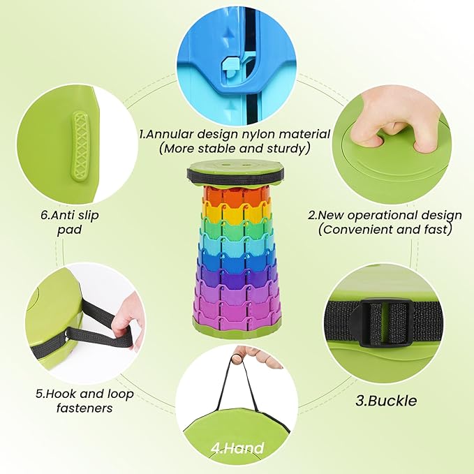 2 Pack Upgraded Collapsible Stool Folding Stool with Cushion,Retractable Folding Stool Max Load Capacity 400lbs, Portable Telescoping Stools for Camping Hiking Outdoor BBQ -Rainbow-Green