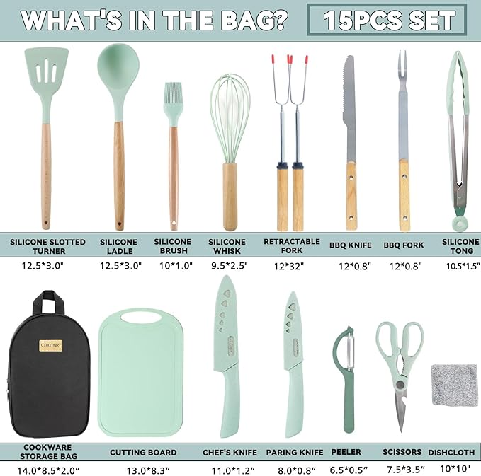 Camping Accessories Kitchen Cooking Utensils Set - Portable Outdoor Camp Cookware Set, Silicone Camper Essentials Gear Must Have Supplies for Travel RV BBQ Grill Picnic Hiking